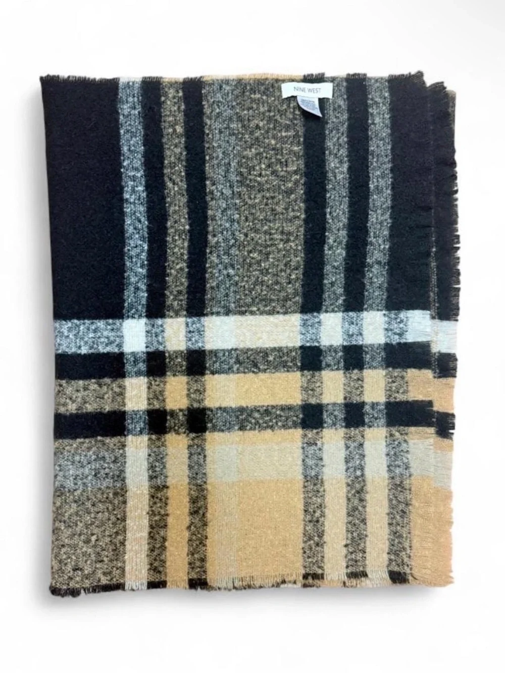 Tan black & white super soft oversized fringe edges scarf 22”x72” cozy fall os